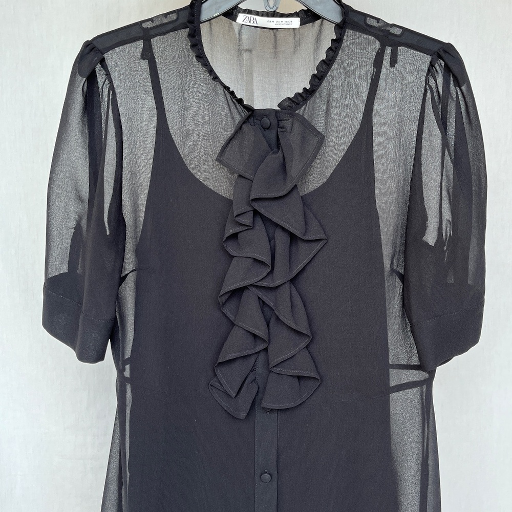 Zara (M) black dress with ruffles, chiffon, sheer, with slip. Office. Cocktail.